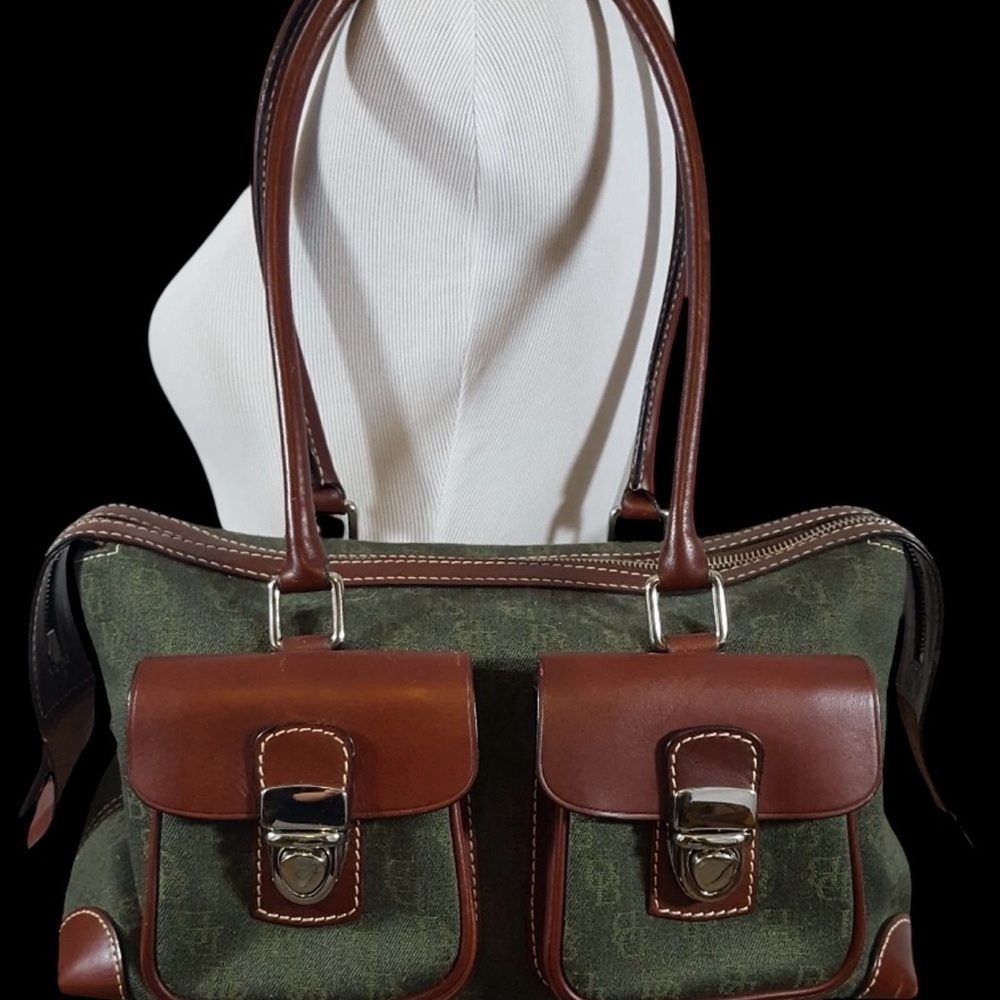 Rooney & Bourke Vintage Shoulder Bag Green Canvas with Brown Leather Trim/Accent - Picture 13 of 17